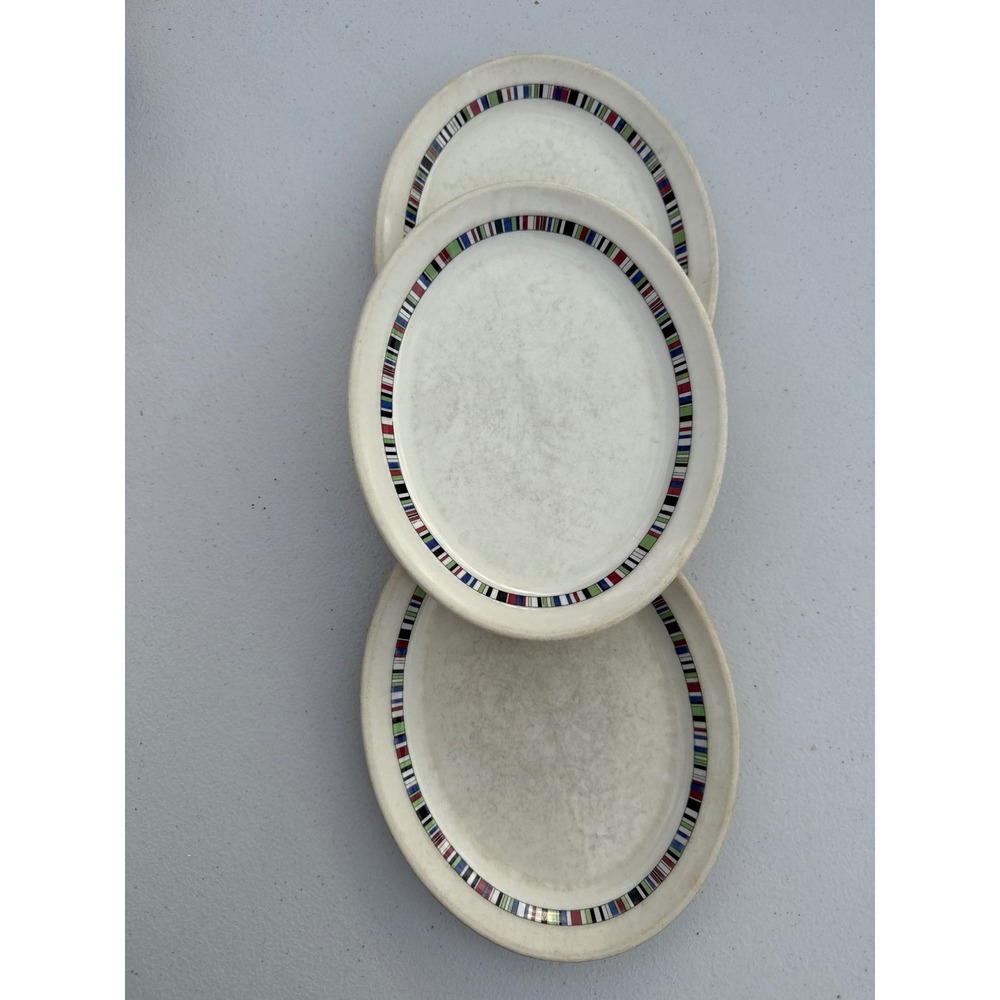 Vintage Syracuse China Econo-Rim Old Ivory Oval Platters Multi Color Stripe Set